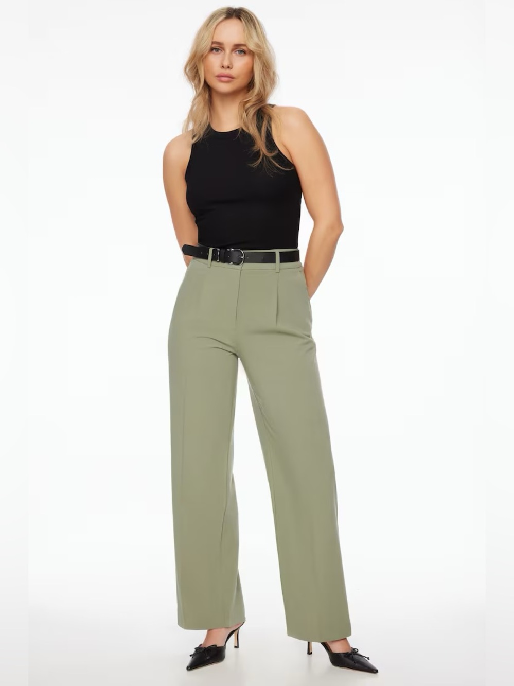 Dynamite Sofia Pleated Straight Pants in Moss Green